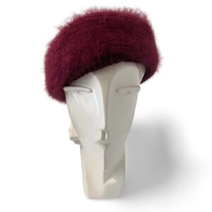 🇨🇦 80s Vintage Maroon Burgundy Angora Wool Fuzzy Beret Hat Handmade in Canada
